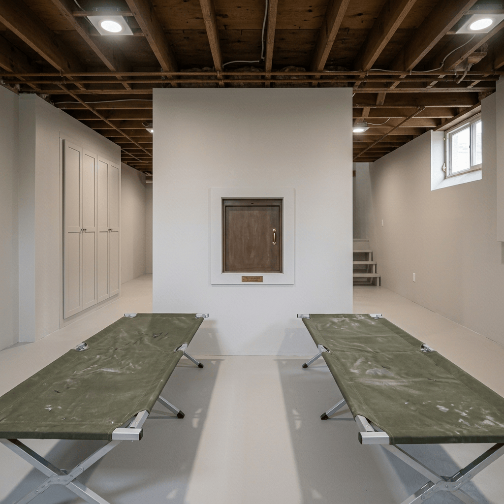 Two folding cots in an unfinished basement with exposed pipes